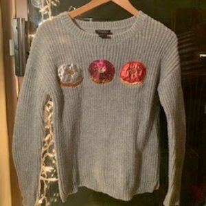 Grey Knit Sweater with Glittery Donuts on it